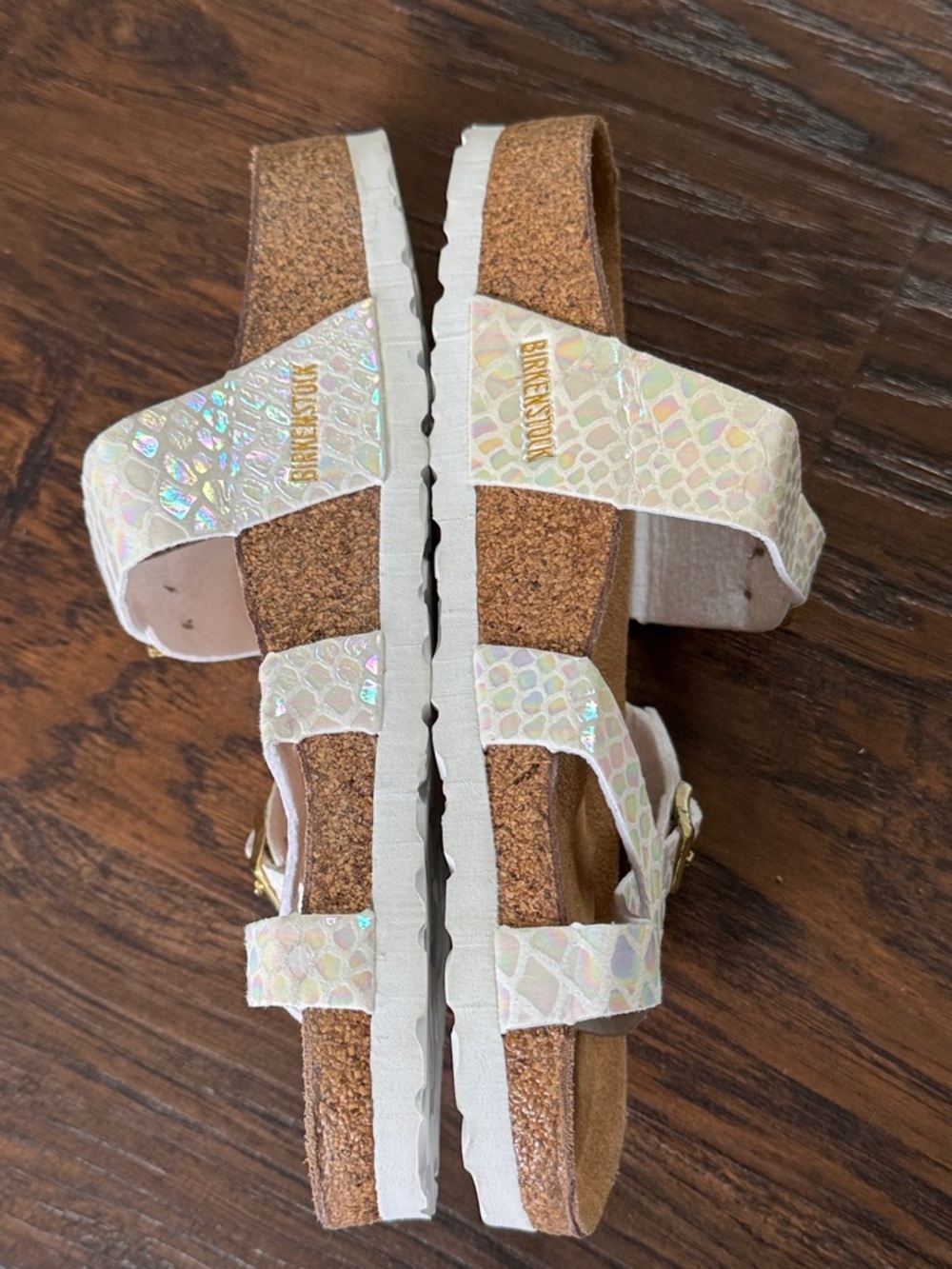 Birkenstock Iridescent White Multi-Print Sandals with Gold Buckles, Like New - Picture 10 of 14